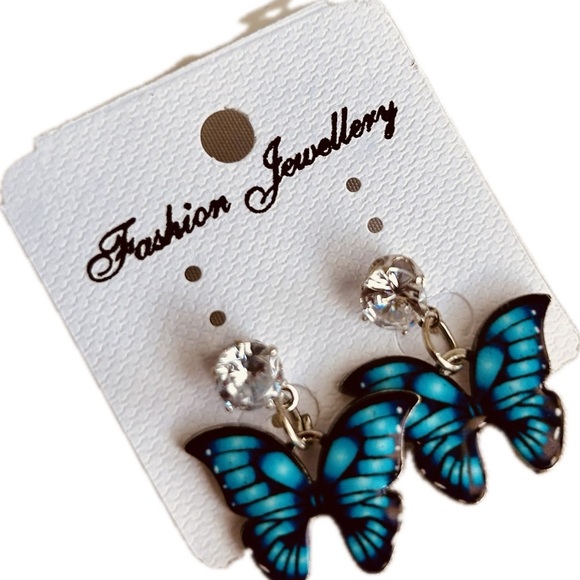 Cute Blue Resin Butterfly Rhinestone Enamel Fashion Dangle Earrings set 1.25" - Picture 1 of 3